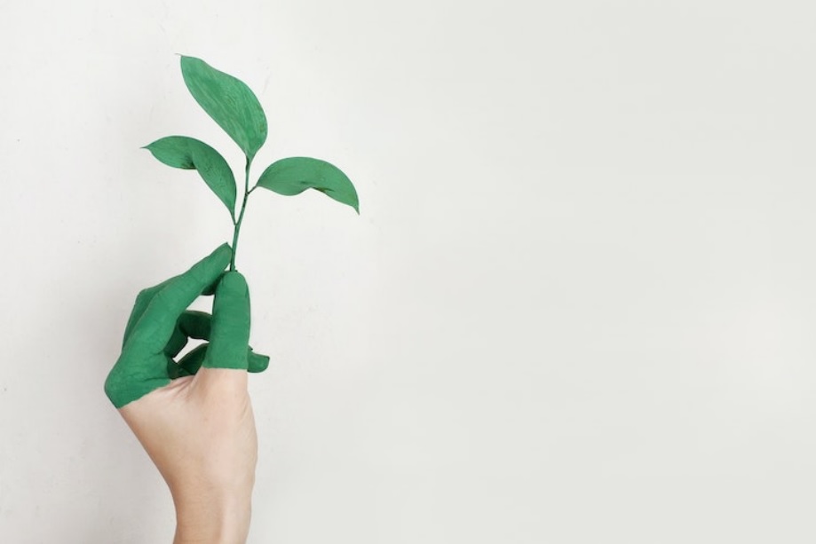 A painted hand holding a green leaf