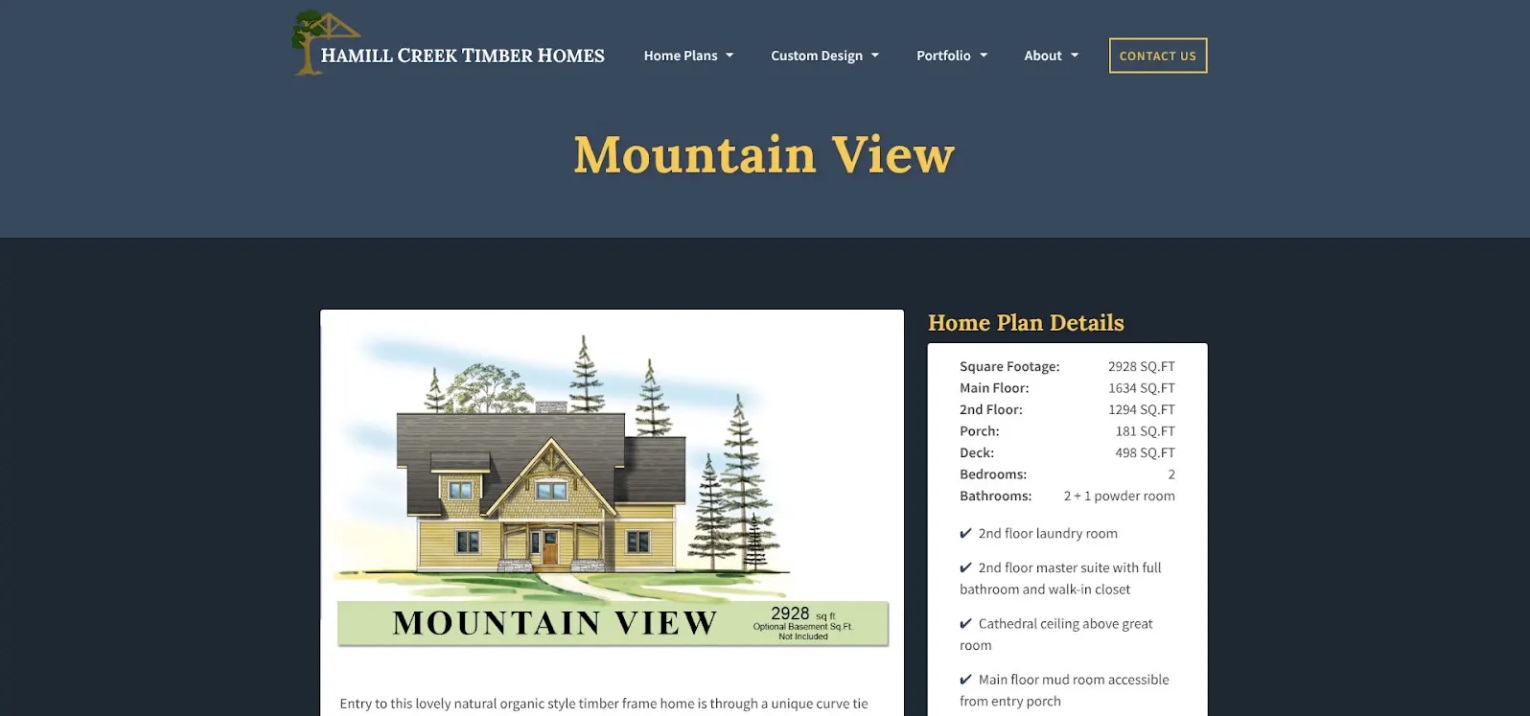 The Mountain View plan page on the Hamill Creek Timber Homes website