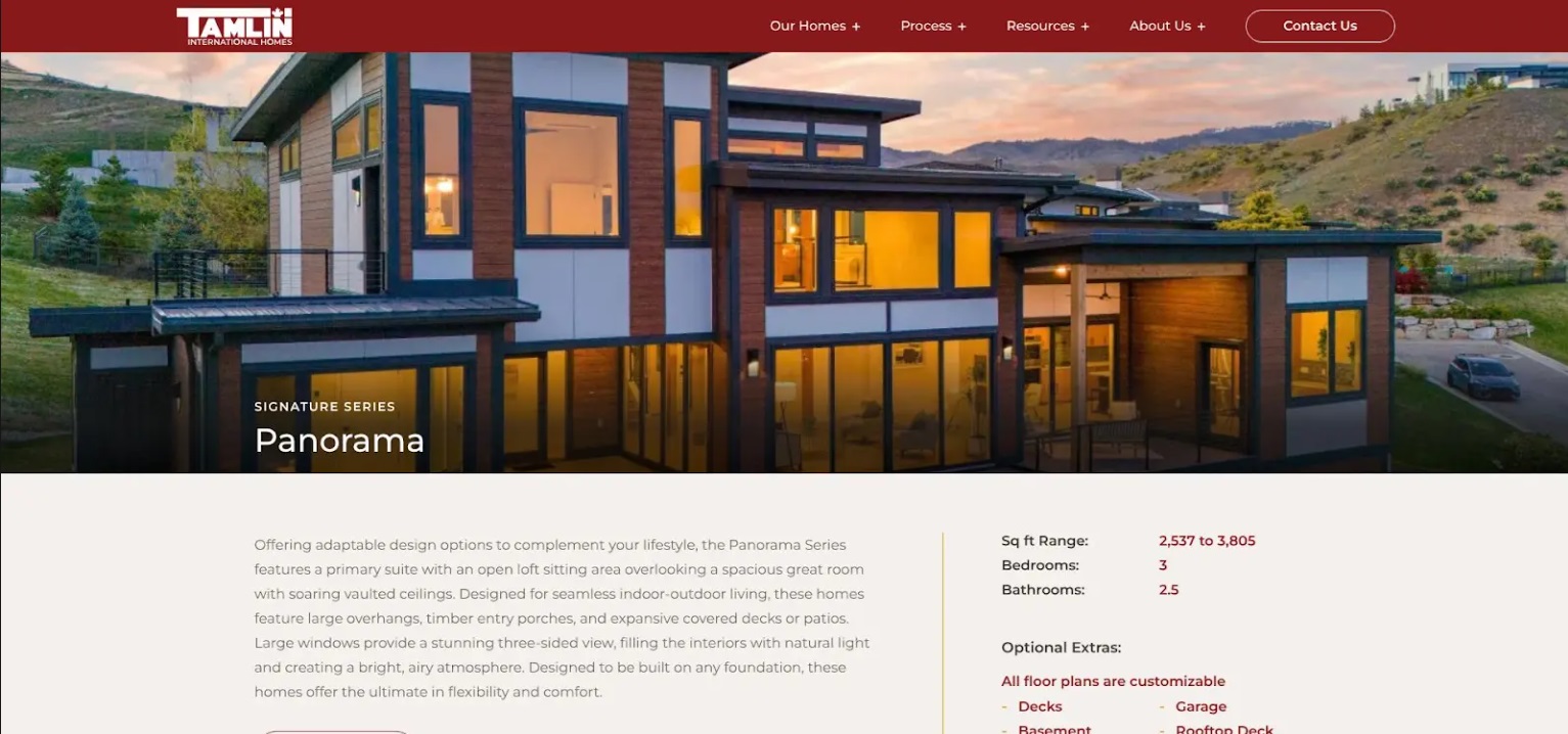The Panorama plan page on the Tamlin Homes website