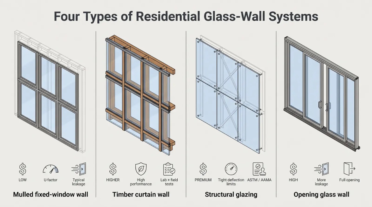 diagram of four residential glass wall-systems side by side